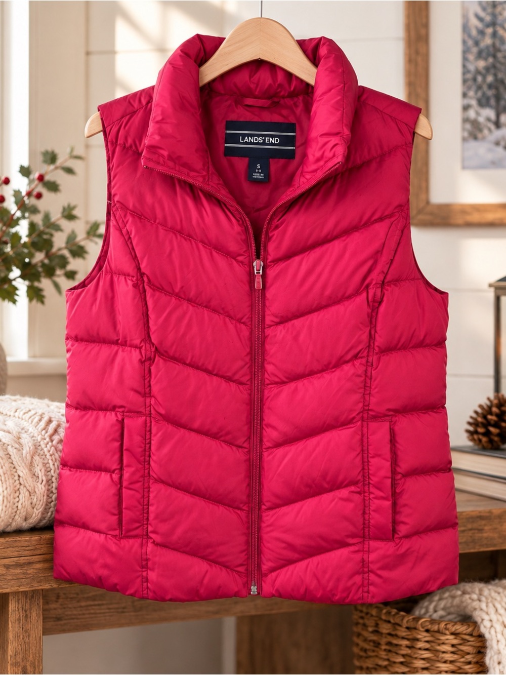 Lands’ End Pink Down Puffer Vest Women S 6-8 Quilted Full Zip